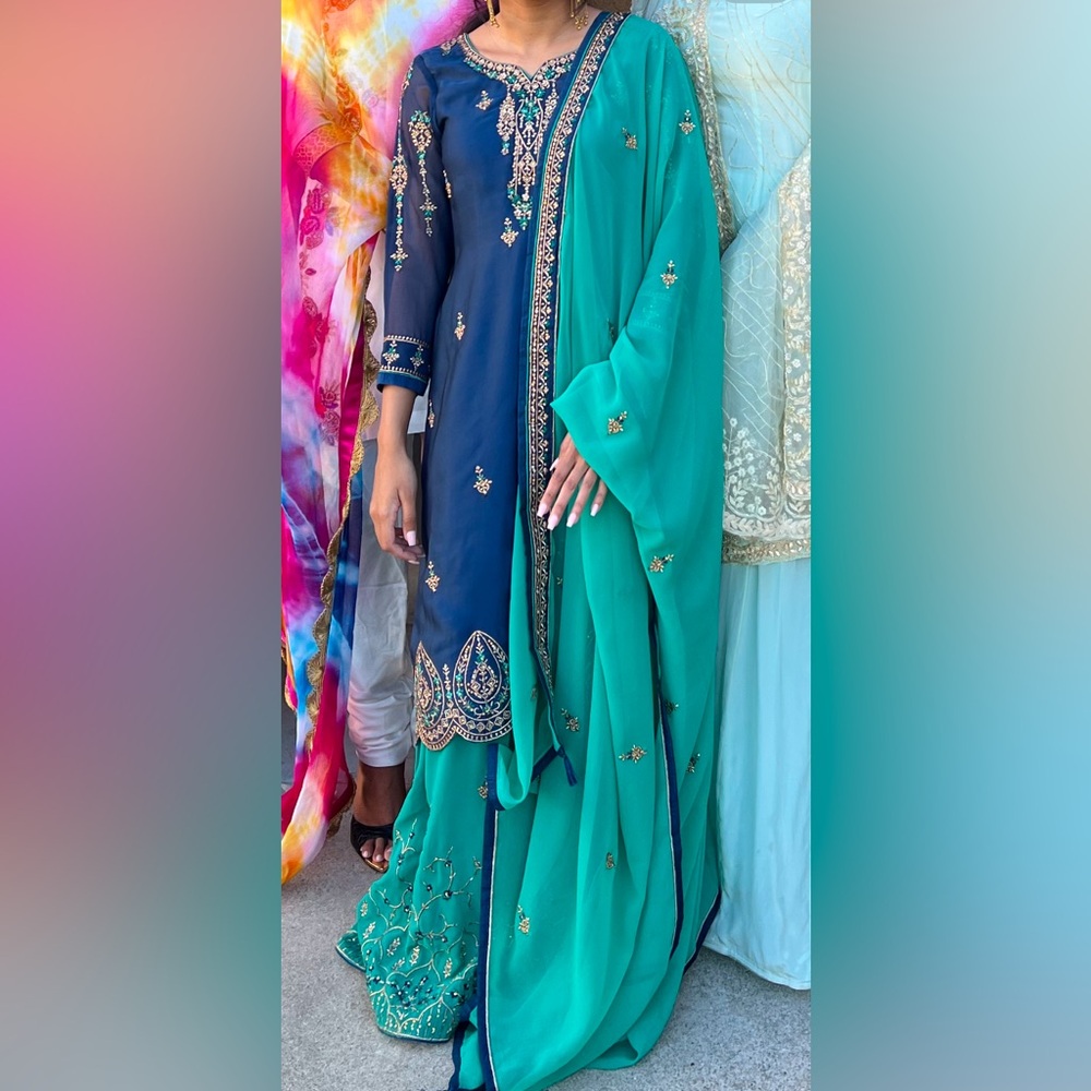 Indian Beautiful 3 Piece Dark Blue Light Blue  Sharara Set Size XS Party Wedding